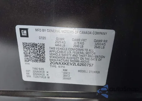 2020 Chevrolet Equinox Fwd Lt 1.5L Turbo z USA, uszkodzony, nr VIN 2GNAXKEV2L6260757